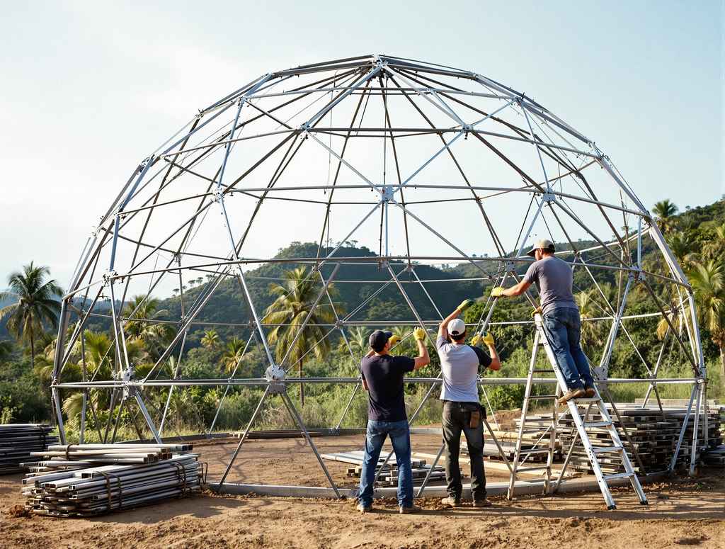 Volunteers assembling the frame of a geodesic dome home