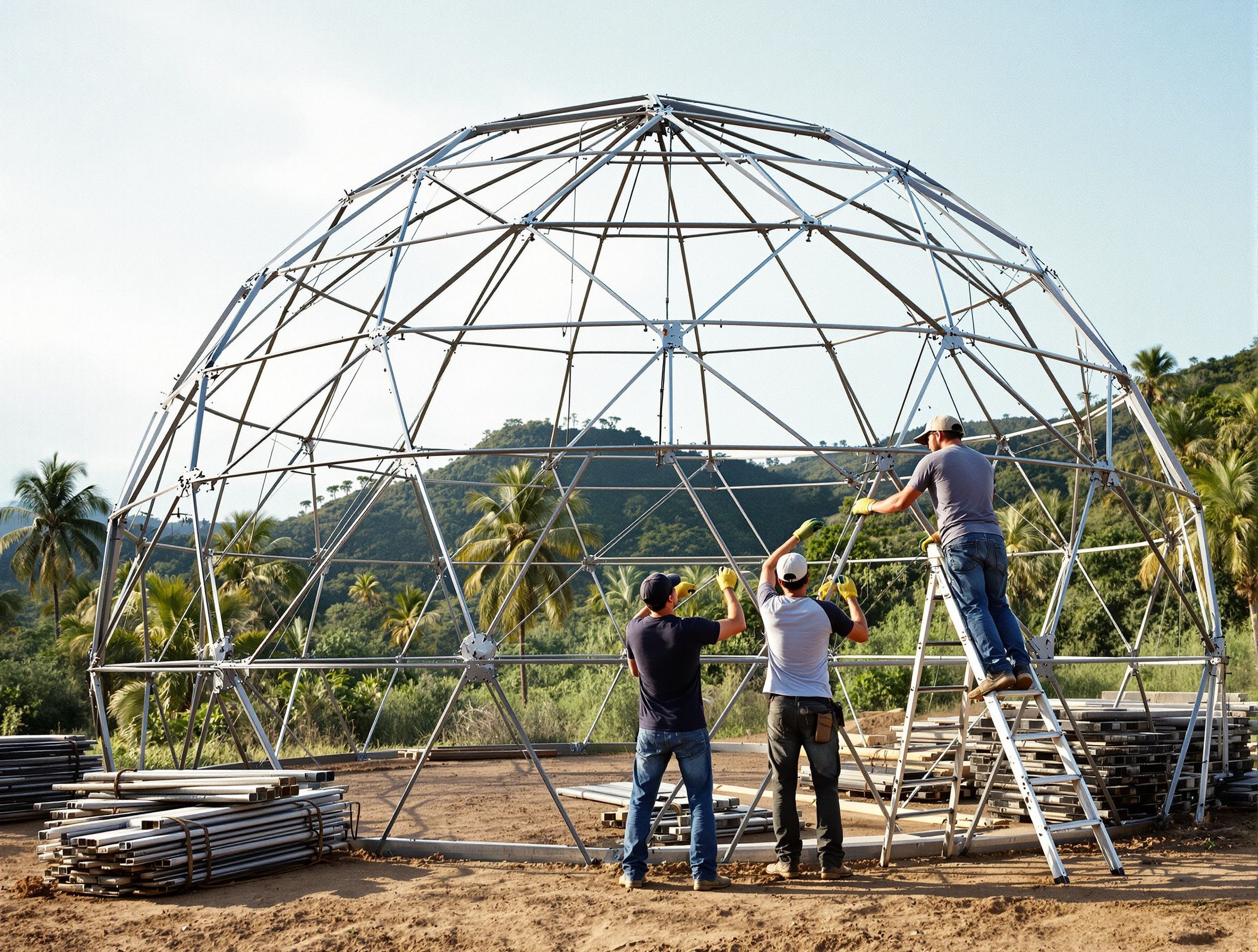 Volunteers bolting together the steel frame of a geodesic dome home on a hillside build site